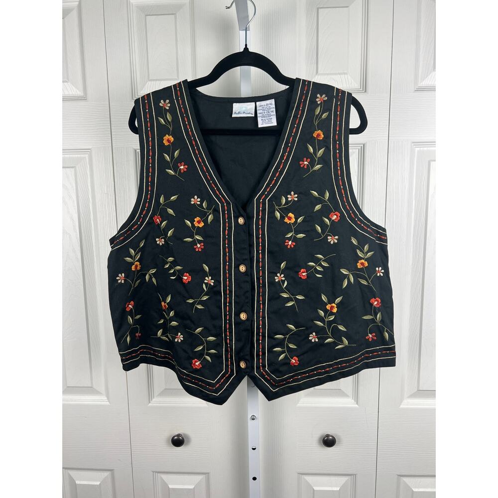 Vintage Bobbie Brooks Black Embroidered Floral Cotton Vest Womens Large 12 14 - Picture 6 of 7